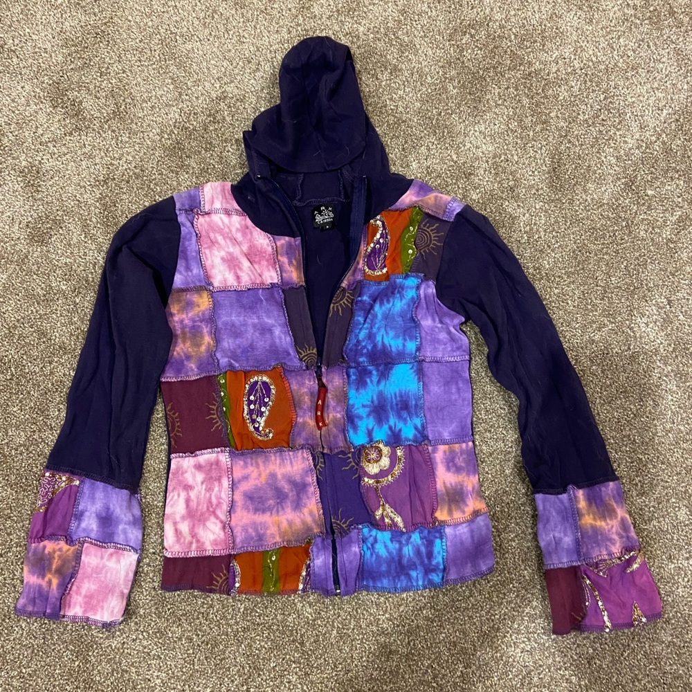 Ark Fair Trade bohemian patchwork hoodie.  Purple.  Size S